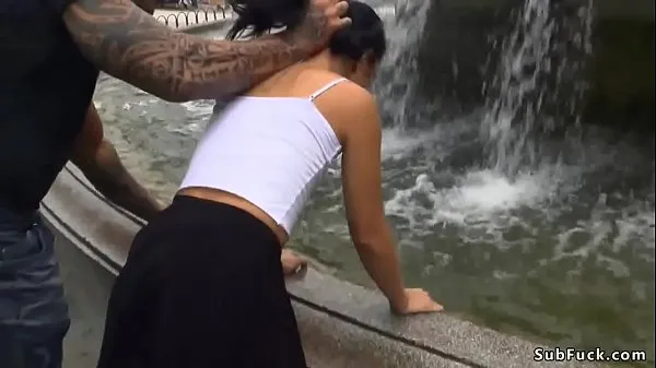 Nya Slim brunette wet at public fountain coola filmer